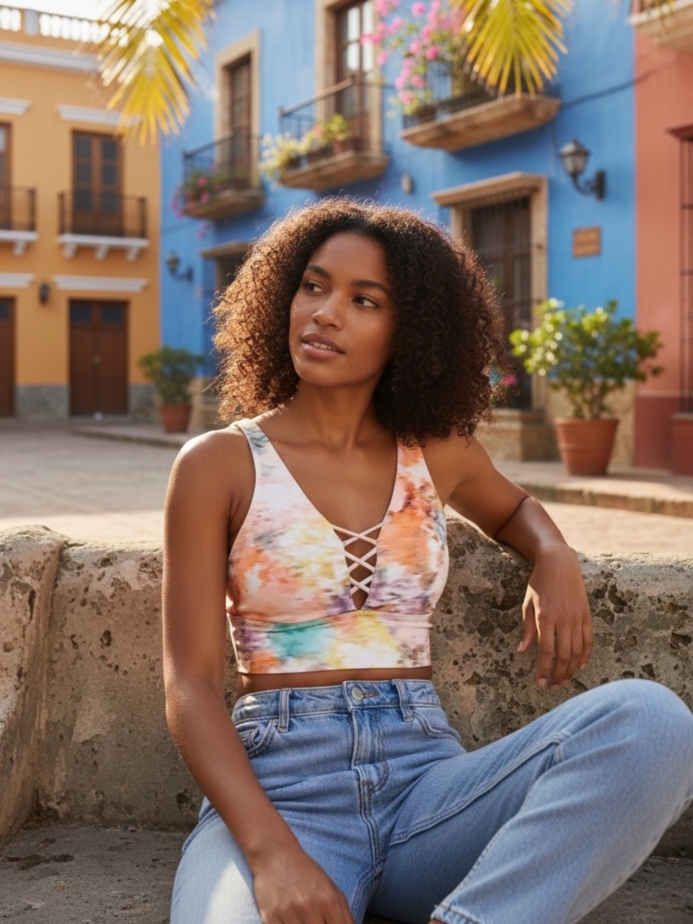 Gap fit lace front low impact watercolor floral bra l
